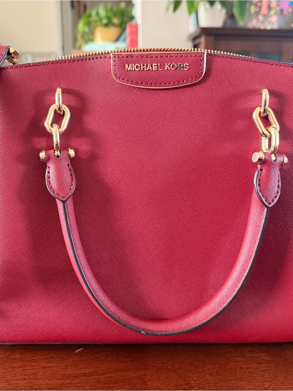 Michael Kors Red Saffiano Leather Satchel with Gold Hardware